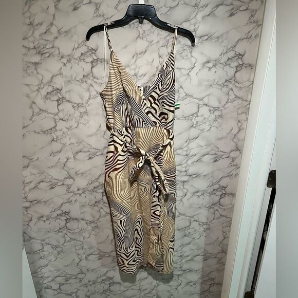 REISS Linen Blend Zebra Print Dress Size 10 Cream Brown Surplice Tie Waist Midi - Picture 4 of 14